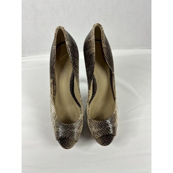 Brian Atwood Florencia Platform Heels Snake Print Brown Tan 8 Open Peep Toe - Picture 2 of 13